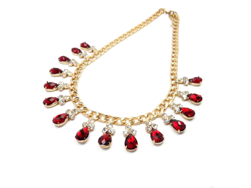 Fashionable Graceful Necklace with Golden Chain, Decorated with Red and Transparent Diamond 